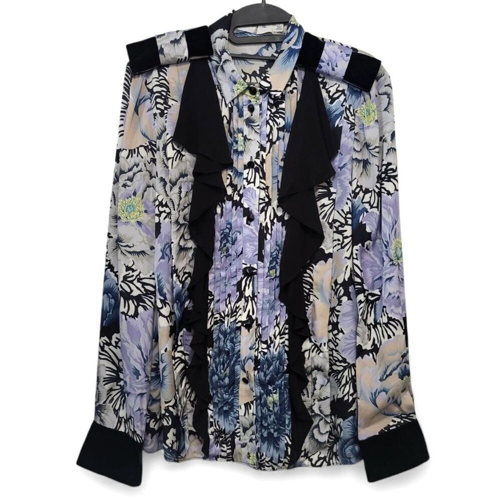 Coach Kaffe Fassett Floral Ruffle Blouse Pleated Bib Button Front Top - Picture 4 of 15